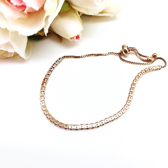 CZ Rose Gold Steel Toggle Bracelet w/Silicone Slider, Fits Up To 8 1/2”, NEW - Picture 4 of 4